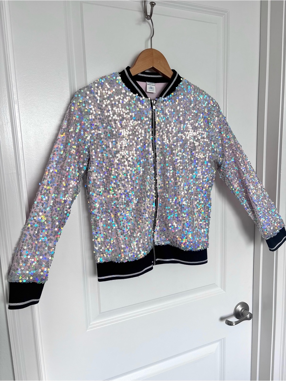 Arizona Jeans Sequin Bomber Jacket Kids 10/12 Women's XS Silver Sparkle Y2K